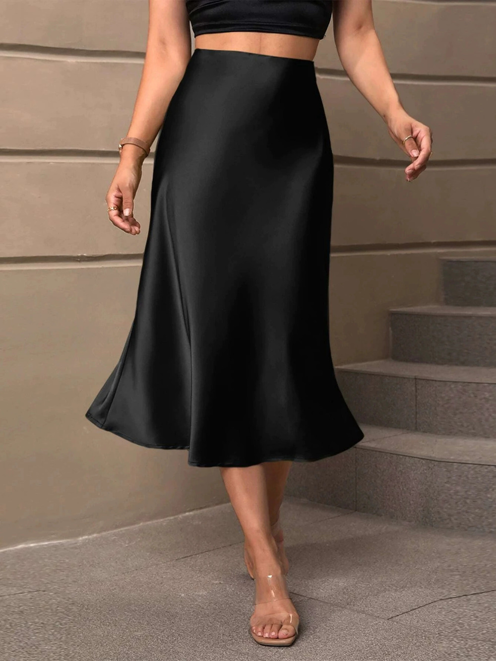 ZARA Elegant Solid Color Satin Midi Skirt Autumn Winter